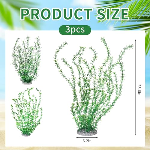 Qianyu 3 Pack Aquarium Plastic Decor Fish Tank Decorations Tall Artificial Green Grass Cluster Extra Large 23.6 Inch Underwater Plants Bendable Fish Tank Plants for Freshwater and Saltwater Tanks