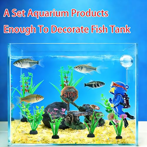 Fish Aquarium Decor Kit, Betta Hideout for Fish Tank - 6 Styles Options | Resin Sunken Tank Ornament, Betta Fish Hideout Cave, 6 Artificial Aquatic Plants, 40+ Seashells & 1 Floating Diver - color: Tank Wreckage