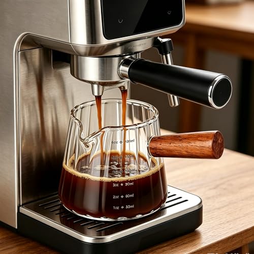 6 oz Espresso Cups - Glass Measuring Cups with Spout - Ribbed Small Creamer Pitcher- Expresso Shots Cup with Wood Handle for Coffee Milk, Dishwasher Safe (Transparent, 1 pack) - color: Transparent, size: 1 pack