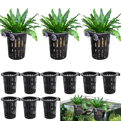 Lawei 12 Pack Aquarium Plant Holder with 3 Size Extension Hooks and Suction Cups, Large Hanging Aquarium Plant Holder, Aquatic Planter Cups Pots for Fish Tank Cultivation and Aquascape Decorations