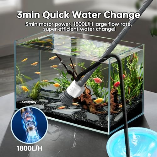 Crazyboy Fish Tank Vacuum - 6-in-1 Automatic Removable Vacuum Electric Tool Aquarium Gravel Cleaner 30W Strong Suction Electric Cleane.(White-504)