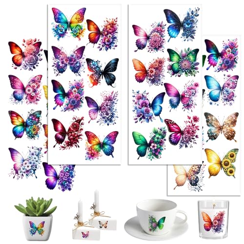 UV DTF Cup Wraps, 4 Sheets Watercolor Butterfly Transfer Stickers for 16oz Glass, Rub On Decals for Tumblers and Candlestick - style: Watercolor Butterfly