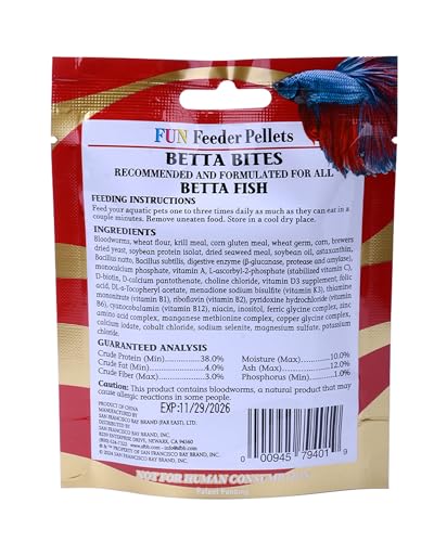 San Francisco Bay Brand Fish Food 0.53 oz - Fun Feeder Betta Bites, Floating Pellets for Betta Fish, Betta Fish Food with Bloodworms - 1.1-1.5mm Small Pellets for All Betta Fish, 15g
