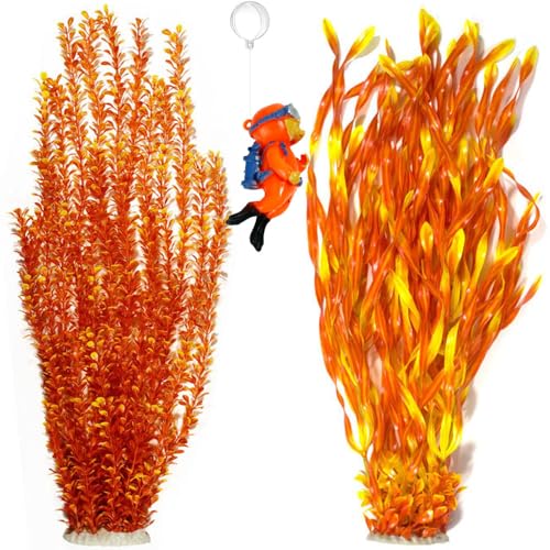 2 Pack Aquarium Decor Artificial Seaweed Water Plants, Extra Large 23.6 Inches Fish Tank Plastic Plants, Tall Fish Tank Decorations with a Aquarium Diver Ornament (Orange) - color: Orange