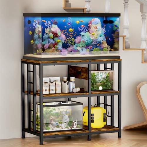 Reinforced 40-50 Gallon Aquarium Stand with Power Outlet, Ultra-Stable 720LBS Capacity Metal Fish, Tank Stand for Reptile/Aquatic Setups, 5-Tier Adjustable 37"x19" Steel Shelving System - color: Retro Brown, size: 40-50 Gallon