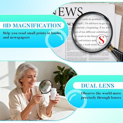 5X 30X Large Magnifying Glass for Reading, 90mm Upgraded Handheld Magnifier with Wide Handle, Magnifying Glass for Seniors Close Work Newspaper Nature Exploration, Hobby