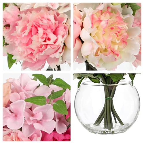 Artificial Flower in Vase, Faux Silk Flowers Arrangement Peony Hydrangea Poppy Eucalyptus Bouquet with Faux Water, Fake Floral Centerpiece for Dining Table Home Decor Wedding Office Shelf - Pink - color: Hot Pink