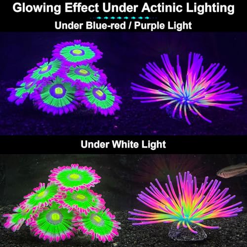 2pcs Silicone Glowing Effect Aquarium Fish Tank Decorations, Artificial Soft Anemone Coral Plants Ornaments for Aquarium Decor Landscape, Glow in Dark Fish Tank Accessories Decorations(Pink)