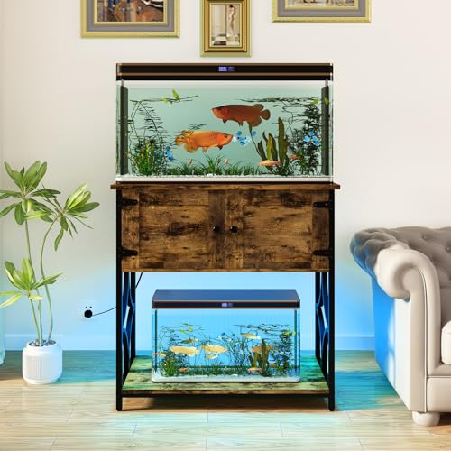 20-29 Gallon Fish Tank Stand with Power Outlets & LED Light | 330LBS Capacity, 30.7" L*15.7" W Tabletop, Cable Management, 20 Gallon Aquarium Stand with Storage for Turtle Tank, Brown - color: Brown