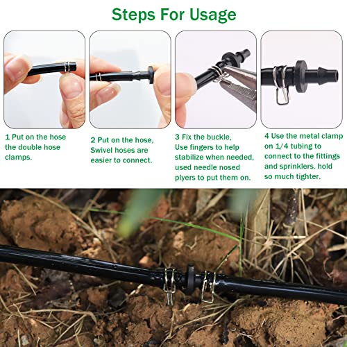 1/4" Irrigation Hose Clamps, 100 Double Line Hose Pipe Spring Clamps, Drip Irrigation Kit Connector Leak Solution