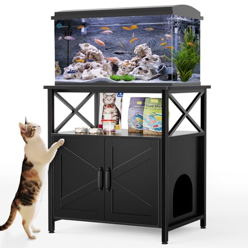 GDLF 20-29 Gallon Cat Fish Tank Stand with Cat Litter Box Enclosure Furniture, Aquarium Terrarium Stand with Shelf Storage,30.7" Lx 17.32" W Tabletop, 330 lbs Capacity, Black - size: 20-29 gallon