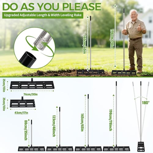Lawn Leveling Rake for Soil, 17"-30" Modular Interlocking Stainless Steel Lawn Leveler, 78"Adjustable Handle Yard Leveling Rake, Anti-Flip Ground Leveler for Yard, Sand, Topdressing, Golf Course, Farm