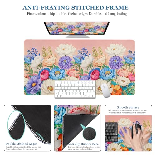Desk Pad Peony Flowers, Desk Matt for Desktop Women Girls Floral Gaming Mouse pad Extend XXL Large Anti-Slip with Stitched Edges Waterproof Computer Laptop Keyboard Mat for Gaming, Home, Work, Office - color: Peony Flowers, size: 31.5" x 15.7"