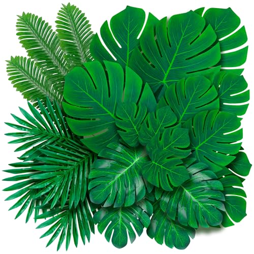 Decopom Artificial Palm Leaves 60-108 Pack - 6 Kinds Large Small Green Fake Palm Leaf with Stems for Safari Jungle Hawaiian Luau Party Table Decoration Wedding Birthday - style: 60 Pack
