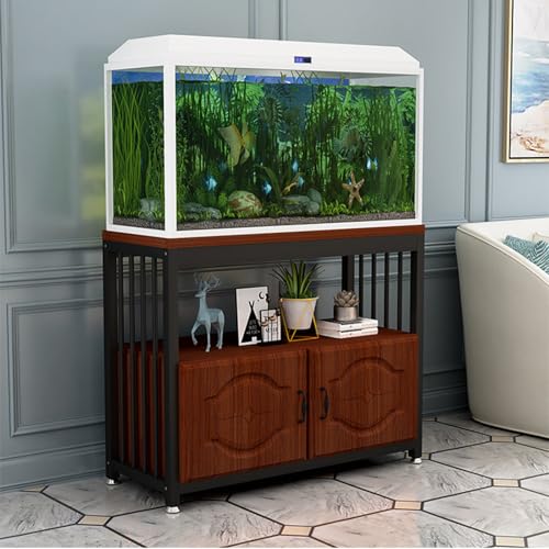 30 Gallon Fish Tank Stand, Wooden Aquarium Stands, with Shelves and Storage Cabinet for Fish Tank Accessories Storage, Turtle Terrarium Stand Rac Black shelves + teak boards + teak cabinet 50x40x70cm - color: Black shelves + teak boards + teak cabinet, si