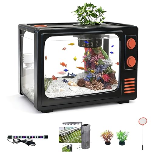 2.5 Gallon Fish Tank Kit with LED Lights, Filter & Plant Planter - Retro TV Decorative Fish Tank for Office Desk Home Decor,Mini Aquarium Starter Kit for Betta Fish (Black - 2.5 Gallon) - color: Black - 2.5 gallon