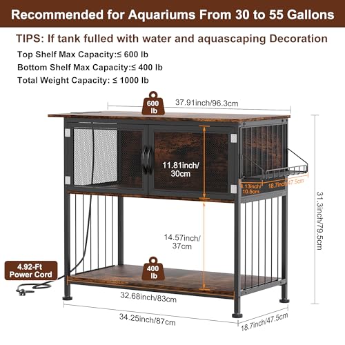 TQVAI 40-55 Gallon Fish Tank Stand with Power Outlets, Heavy Duty Aquarium Stand with Cabinet Storage Fish Tank Accessories, Large Reptile Terrarium Tank Stand, Black/Vintage - size: 40-55 Gallon
