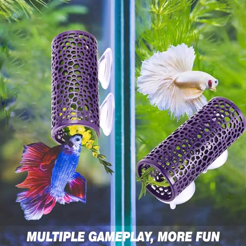 Abizoo Betta Cave - Purple Fish Tunnel with Holes for Small Fish & Shrimp Habitat, Betta Toys Shelter Hideaway, Moss Aquarium Ornament