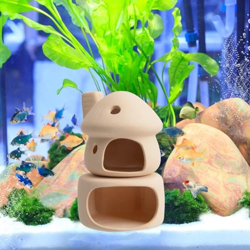 RUIAN Ceramic Fish Tank Decorations, Mushroom House and Cave with Round Cave for Small Shrimp to Rest and Breed,Hiding, Cichlid, Hermit Crabs (Beige) - color: Mushroom+base(beige)