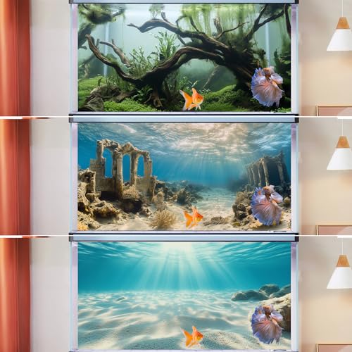 COMSUN 3 Pack Aquarium Background, 48x24 inches Polyester Aquarium Background, Cloth Fish Tank Background, Undersea Ruins Floor Sunshines & Tree Wood Branches Aquatic Plants - size: 48x24 Inch