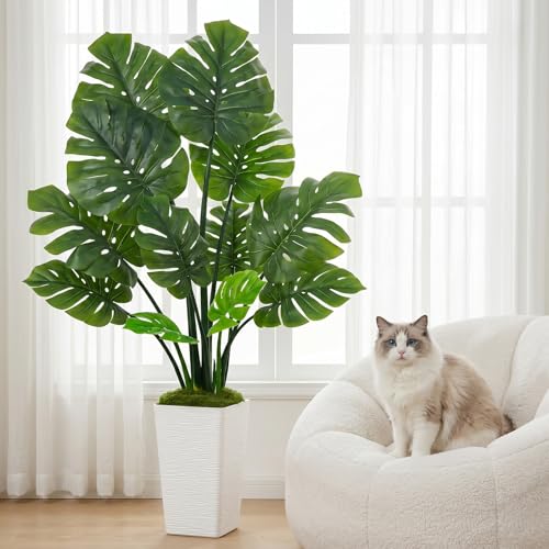 UPBUD Artificial Monstera Deliciosa Plant, 5FT Fake Tropical Monstera Tree with White Pot & 12 Lifelike Leaves, 60in Tall Faux Floor Trees Fake Plants for Indoor Outdoor Office Living Room Decor - color: Green Leaves White Planter