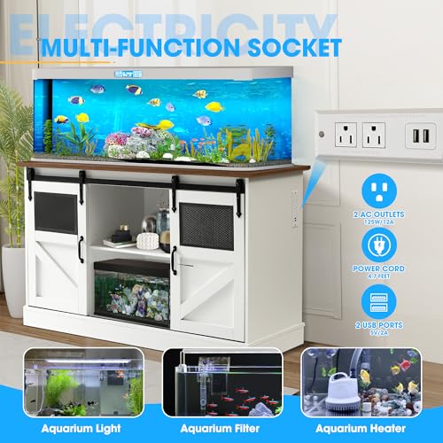 55-75 Gallon Fish Tank Stand with Sliding Barn Doors & Power Outlet, Heavy Duty Aquarium Stand with Cabinet Storage for 2 Fish Tank/Turtle Tank/Reptile Terrarium Accessories, 1260LBS (White) - color: White