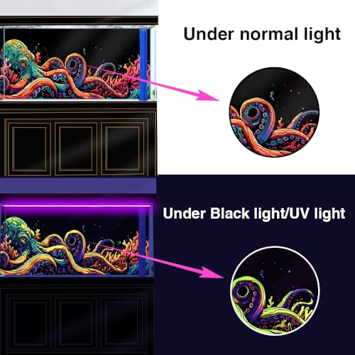 30X18IN Blacklight Octopus Sea Monster HD 3D Black Light Aquarium Background UV Reactive Background Terrarium Background with 10 EVA Double-Sided Tape - size: 30X18in/75X45cm