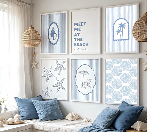 Gschupy Beach Decor Wall Art 6 Piece, Beach Themed Canvas Wall Decor,Meet Me at the Beach Coastal Prints with Blue Stripe, Nautical Wall Art for Coastal Home Bedroom Bathroom Decor 12x16inch unframed - color: Beach Chairs, size: 12x16in