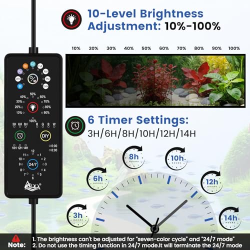 AQQA Full Spectrum Aquarium Plant Light LED Fish Tank Light IP68 Waterproof with 24/7 Natural Mode & DIY RGBW Mode, 9 Colors & 10-Level Brightness Adjustable, 6 Timer Settings for 12"-18" Tank (12W) - size: 12-18inch