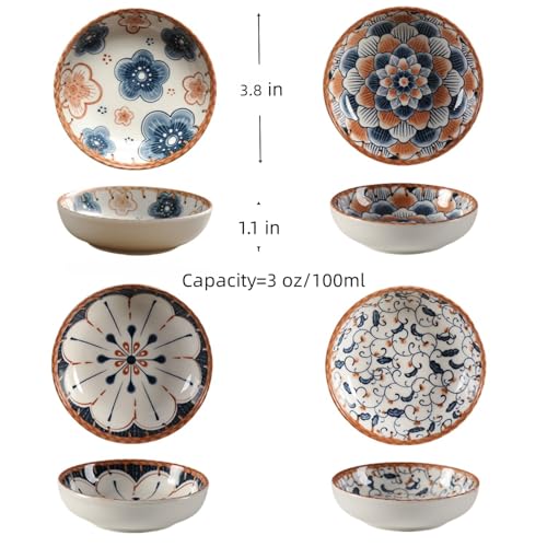 4 Pack 3 oz Cute Japanese Soy Sauce Dish Small Dipping Sauce Bowls Ceramic Sushi Dipping Bowls for Sushi,Side Dish,Ketchup,Dips,Condiment,Snack,BBQ Party - color: Brown