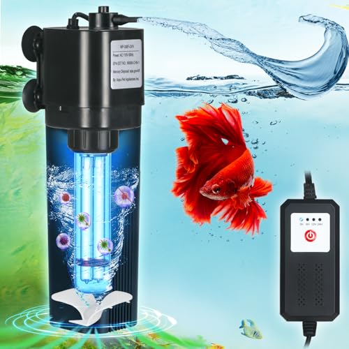 Aquarium U-V Filter for 40-75 Gal, 211 GPH Swirl Turbo Design Submersible Internal Turtle Fish Tank Filter w/Timer, Quiet Power Pump Air Supply Green Clean Machine Saltwater Freshwater Green Killing - size: WP-390F (40-75 Gal)