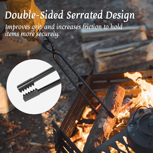 Fireplace Tongs Log Claw Tongs with Faux Leather Handle Cover Log Grabber Clamp Tool for Indoor & Outdoor Camping Campfire Fireplace Fire Pit(Black)