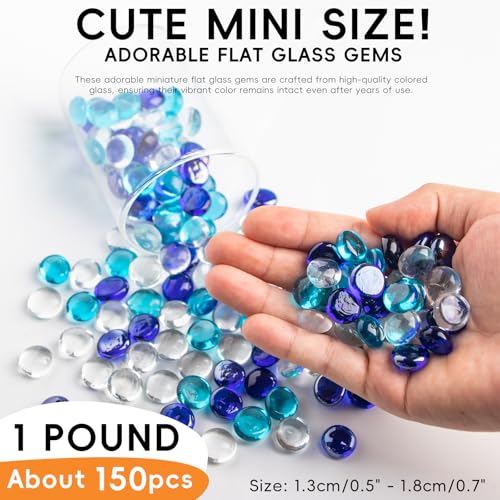 1 LB Blue Mix Color Glass Marbles, Mini Flat Glass Beads~150PCS for Vase Fillers, Floral Bottom Mancala Gems Pebbles Fish Tank Rocks for Table Aquarium,Home Decor Art Craft Supplies(0.5"~0.7") - color: Mixed Blue & Clear~1 Lb, size: 1 LB