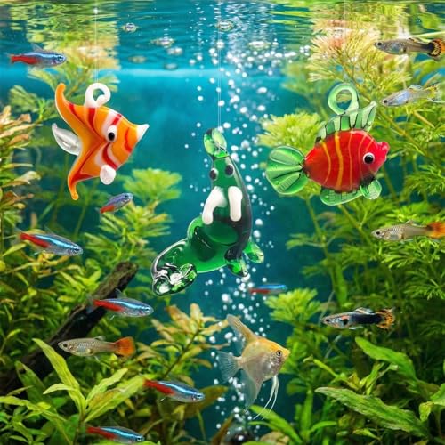 Hand Blown Glass Fish Figurines with Floats, Set of 3 Small Tropical Sea Animal Decor (A) - color: Multi-colour -a
