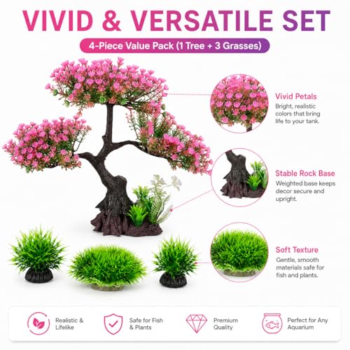Cabilock Pink Cherry Blossom Aquarium Decor, 12.2 Inch Artificial Sakura Tree Fish Tank Plant with Stable Base, Realistic Plastic Aquarium Ornament for Betta, Goldfish, Turtle Tank Accessories, 4PCS