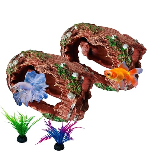 2 PCS Aquarium Resin Fish Tank Decorations Broken Barrel Shipwreck Theme Landscaping Hideouts Accessories Caves Hide Hut Fish/Small Turtles Tank Ornaments with 2pcs Artificial Aquatic Plants (Red)