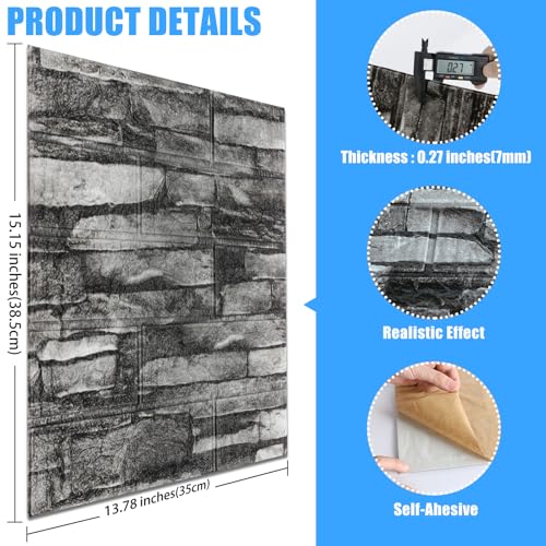 10 Pack 3D Wall Panels Peel and Stick, Waterproof Foam Stone 3D Wallpaper, Self Adhesive Foam Wallpaper for Bedroom Bathroom Kitchen (13.7 * 15.1in) - color: Black Rock, size: 10 Pack