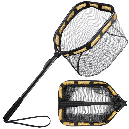 PLUSINNO Floating Fishing Net for Steelhead, Salmon, Fly, Kayak, Catfish, Bass, Trout Fishing, Rubber Coated Foldable Landing Net with Fixed or Telescoping Pole Handle, Fishing Gear and Gifts for Men - color: 11.8/30cm Hoop Size Orange (Fixed Pole)