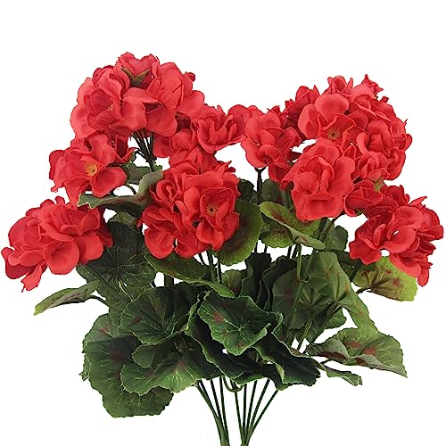 CISDUEO 2 Pcs Artificial Geranium Flowers for Outdoors Silk Flowers Outside UV Resistant Red Fake Geraniums Bush Faux Flowers for Planter Outdoor Decor Indoor Garden Patio Table Centerpiece
