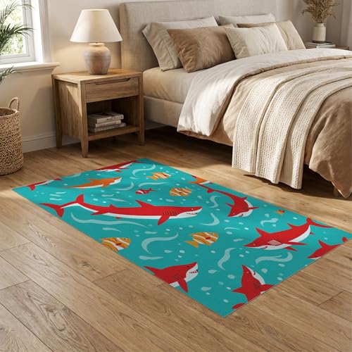 5'x7' Washable Contemporary Shark Area Rug, Turquoise Flatwoven Floor Covering Non-Slip Chair-Friendly Carpet for Dining Room, Under Table, Home Office | Ref:2070035 - color: Blue/Pattern 12, size: 5' x 7' (Rectangular)
