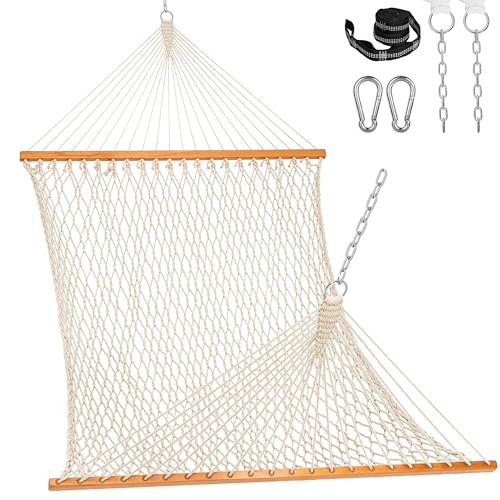 Lazy Daze Hammocks Double Rope Hammock, 2 Person Traditional Outdoor Hand Woven Cotton Rope Hammock with Spreader Bar, Carabiners, Tree Straps, Chains for Patio Yard - Max 450 Lbs, Natural - color: Natural