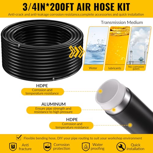 Compressed Air Piping System, 3/4 Inch x 200 FT Black HDPE Pipe,Aluminum Wall Outlet Blocks, Rapid Air Compressor System Accessories and Air Line Kit for Shop,Garage - size: 200FT