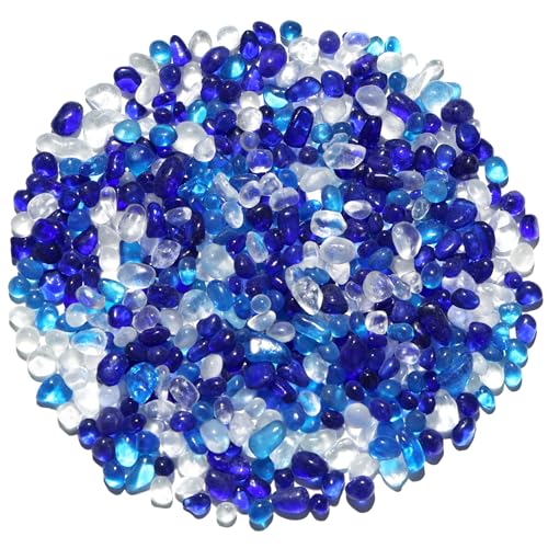 QYGL 0.55LB Blue Mixed Clear Glass Pebbles, Tumbled Sea Glass Stones for Vase Fillers, Fish Tank Gravel, Aquarium Rocks, DIY Crafts, Plant Pots, Wedding & Home Decor, Transparent Glass Gemstones - color: Blue Mixed