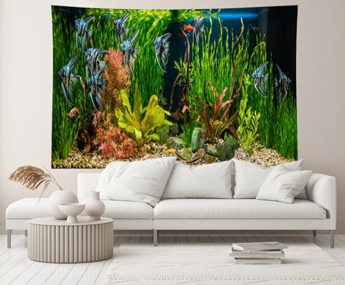 CHNYWORK 205x118 Inches Fish Tank Tapestry Wall Hanging Aquarium Underwater Grass Leaves Aquatic Plant River Stone Bed Lake Fish Background Living Room Bedroom Aesthetic College Dorm Wall Decor - size: 205''x118''