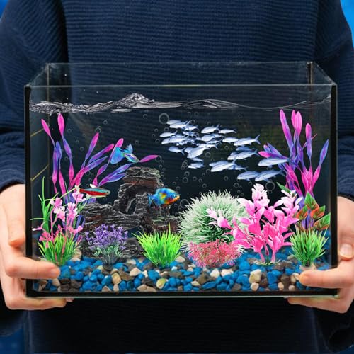 QUOZUO Fish Tank Accessories, Aquarium Fish Tank Plastic Plants and Cave Rock Decorations Set 10 Pieces, Small and Large Artificial Aquarium Plants with Cave Rock