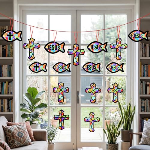 48PCS Sunday School VBS Crafts Bulk: Paper Cross Fish Nativity Suncatchers, Jesus Religious Christian Activity DIY Kits Church Decorations, Window Stained Glass Effect Art Supplies - style: jesus fish and cross