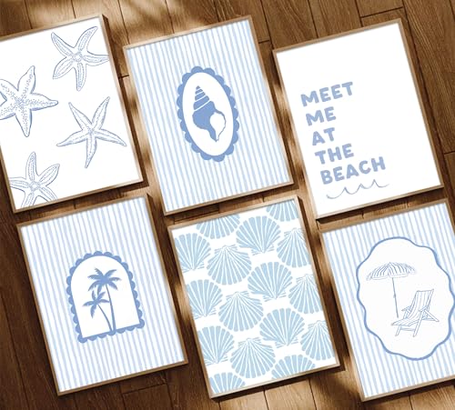 Gschupy Beach Decor Wall Art 6 Piece, Beach Themed Canvas Wall Decor,Meet Me at the Beach Coastal Prints with Blue Stripe, Nautical Wall Art for Coastal Home Bedroom Bathroom Decor 8x10inch unframed - color: Beach Chairs, size: 8x10in