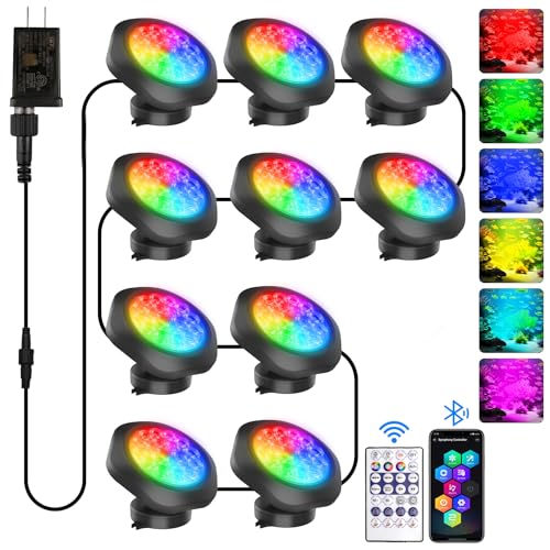 T-SUN Submersible RGB LED Pond Lights – IP68 Waterproof Fountain Lights with Smart App & Remote, 16 Million Colors Underwater Lighting for Koi Ponds/Garden Water Features Aquarium (10-Pack) - size: Set of 10