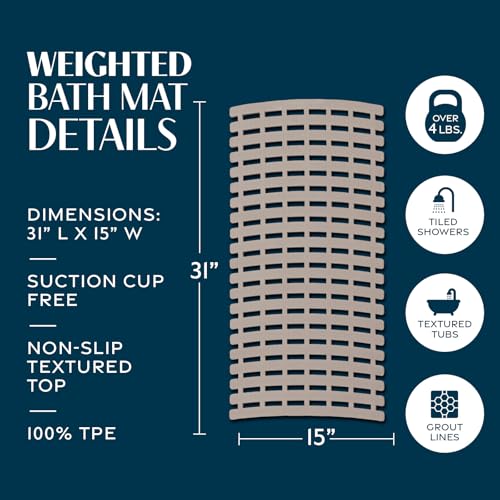 SlipX Solutions Weighted Non Slip Bath Mat for Textured Tub & Shower Surfaces, Patent Pending, Anti Slip Bathtub Safety Without Suction Cups, Doesn’t Float, Works on Tile & Stone 31” x 15”, Tan - color: Tan