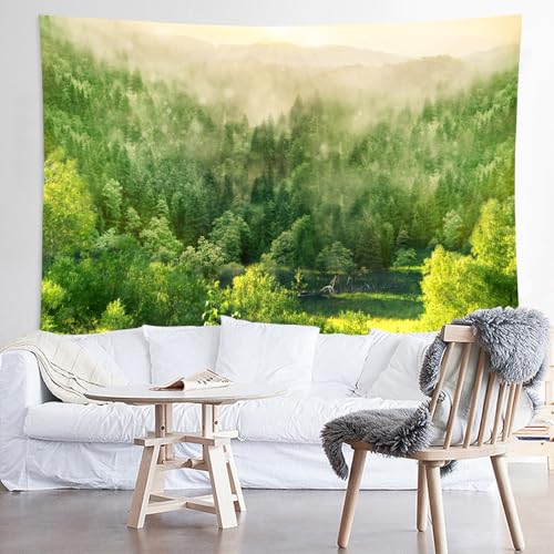 WODEJIA Misty Mountain Forest Tapestry, Sunrise Green Landscape Wall Hanging, Large Nature Wall Art Tapestry for Bedroom Living Room Dorm Decor（79“x59 Inches） - color: Mist Forest, size: 79"L x 59"W